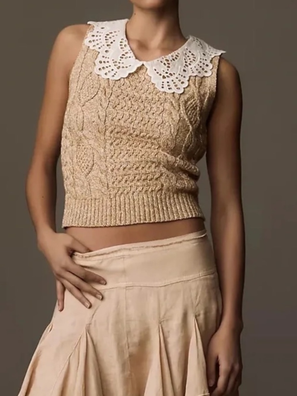 Anthropologie Beige Cable Knit sweater with White Eyelet Collar. Size S